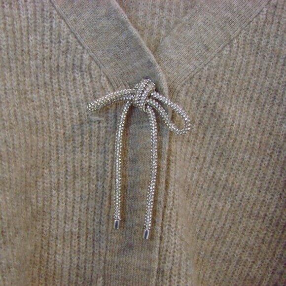 H&M Rhinestone Bow Cardigan Sweater Ribbed Beige Taupe Wool Blend Oversized XL - Picture 10 of 15